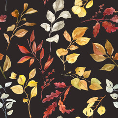 Fototapeta premium Watercolor hand painted fall botanical leaves and branches illustration seamless pattern, wallpaper, wrapping paper