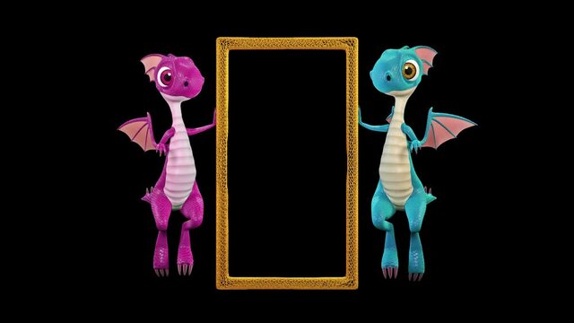 Dragons fly and hold vertical photo frame