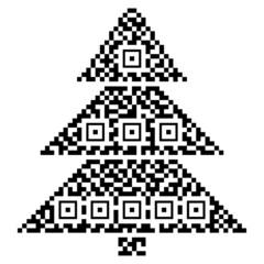 Christmas tree with qr code texture isolated on white background. Pixel art style icon for new year, identification tag, pass code, sticker, logotype, design element or other use. Vector illustration.