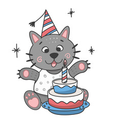 Cute cat, happy birthday card with cake