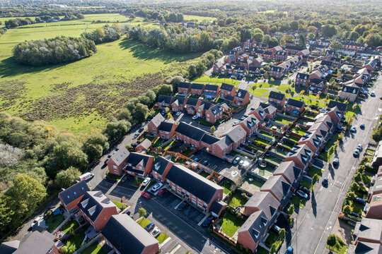 Aerial view of housing estate in England. Looking straight down satellite image style.British neighbourhood.