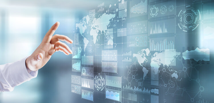 Business intelligence dashboard with graph and icons. Big data. Trading and investment. Modern technology concept on virtual screen.