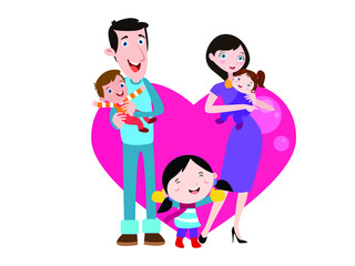 Happy family vector  concept: Happy parents and children standing together with heart shape