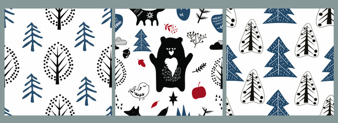 Vector set. Seamless pattern.  Various animals and natural elements in the Scandinavian style. 