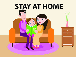 Happy family vector concept: Little son and his parents reading a book together while enjoying quality time at home