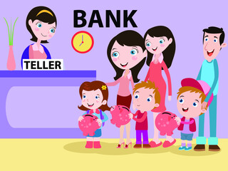 Fototapeta na wymiar Savings vector concept: Parents teaching their children to save their money in the bank while carrying piggy bank