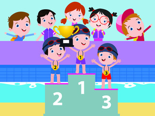 Swimming competition vector concept: Group of children doing swimming competition in swimming pool while standing in place podium - obrazy, fototapety, plakaty