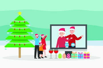 Christmas vector concept: Young family celebrate christmas with grandparents on video conference with christmas decoration 