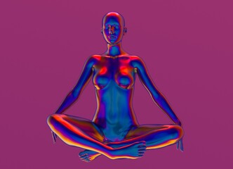 3D rendering of a bald woman statue practicing yoga and sitting in lotus pose relaxed with opened eyes. Mindfulness meditation concept.