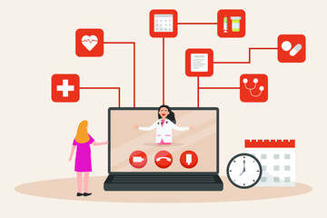 Online consultation vector concept: Female doctor gives explanation to her patient through video conference on laptop 