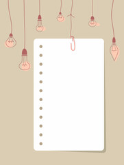 A sheet of notepad paper connected with a paperclip hang on a thread. Notepaper and hanging light bulbs on a beige background. Vector illustration, flat style.