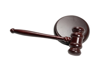Wooden judge gavel and soundboard isolated on a white background.