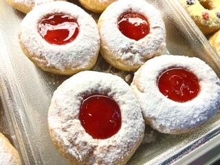 Close-up shot of Sunny Strawberry, a dessert made from flour and sugar. It is commonly consumed by the general public. It smells delicious and colorful.