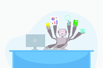 Robot vector concept: Robot worker working with many tasks in the office while using computer 