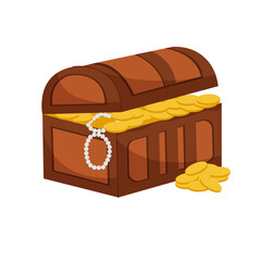 Pirate chest with gold, diamonds, and pearls. open cover. Opened lock. Wooden chest. Isolated on a white background. Flat style. Vector illustration
