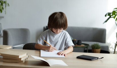 Cute preschooler boy learning writing and doing homework and exercises at home. An elementary school kid pupil is getting ready to go to class and is drawing with a pencil.