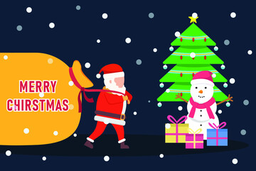 Fototapeta na wymiar Merry christmas vector concept: Santa claus pulling sack of christmas gift while snowman standing with gifts 