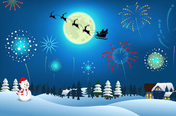 set of realistic snowman with fireworks show isolated or cute snowman with santa hat on snowy background. eps vector
