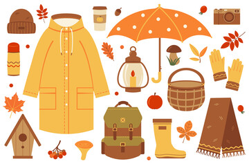 Set of autumn illustrations. Vector elements for the design of postcards, posters, stickers, various stationery.
