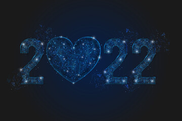 Abstract isolated blue image of new year number 2022 with heart. Polygonal low poly wireframe illustration looks like stars in the blask night sky in spase or flying glass shards. © Katsiaryna