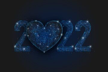 Abstract isolated blue image of new year number 2022 with heart. Polygonal low poly wireframe illustration looks like stars in the blask night sky in spase or flying glass shards. © Katsiaryna
