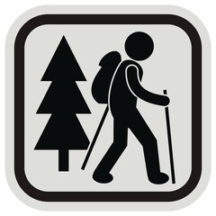 Tourist in nature, black silhouette,vector icon at gray and black frame