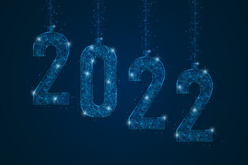 Abstract isolated blue image of new year number 2022. Polygonal low poly wireframe illustration looks like stars in the blask night sky in spase or flying glass shards. Digital web, internet design. © Katsiaryna