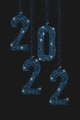 Abstract isolated blue image of new year number 2022. Polygonal low poly wireframe illustration looks like stars in the blask night sky in spase or flying glass shards. Digital web, internet design. © Katsiaryna