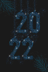 Abstract isolated blue image of new year number 2022. Polygonal low poly wireframe illustration looks like stars in the blask night sky in spase or flying glass shards. Digital web, internet design. © Katsiaryna