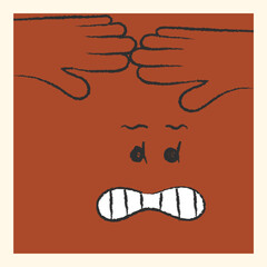 square trendy smiley face. Frightened, he closes his hands on top. Emotions are terrified