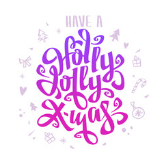 Holly Jolly Christmas lettering in purple cartoon style for greeting card or label, sign - vector design. Holly jolly X-mas hand drawn lettering in retro style with doodle style holiday elements