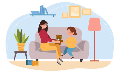 Mother comforting child. Happy family, parents play with children, stuffed toys. Mom talks to her upset daughter, support, help. Cartoon flat vector illustration isolated on white background