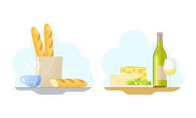 Paris symbols set. Bottle of wine, baguettem cheese, traditional French food vector illustration