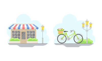 Obraz na płótnie Canvas Paris symbols set. Bicycle with basket of flowers and street cafe vector illustration