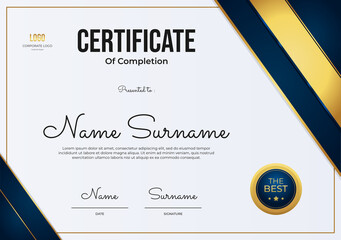 Luxury certificate of completion template with navy blue, white and gold color, multipurpose certificate border with badge design - Powered by Adobe