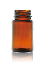 An empty open medical bottle made of brown glass for tablets, pills and liquid medicines. On a white background close-up with reflection.