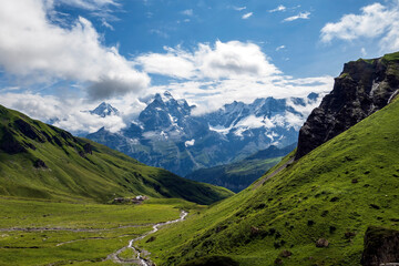 Fototapeta na wymiar Rotstockhütte at the end of Lauterbrunnen Valley along Via Alpina long distance hiking route
