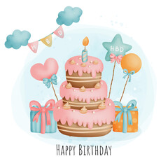 Digital painting watercolor birthday cake and giftbox. Vector illustration