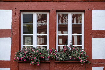 Fototapeta na wymiar Detail of a half-timbered house, two windows decorated with flower boxes 