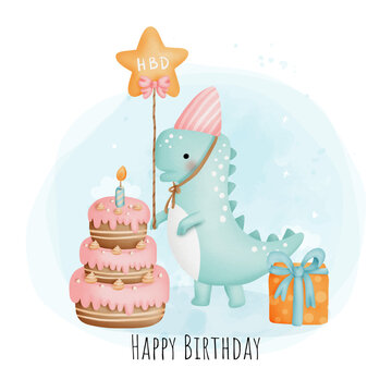 Digital painting watercolor dinosaur birthday party