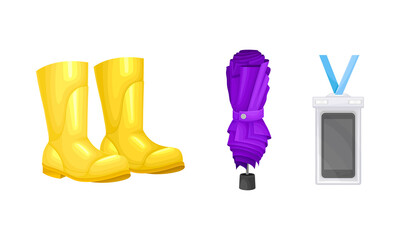 Rubber Boots and Umbrella as Waterproof Protective Accessory for Rainy Weather Vector Set
