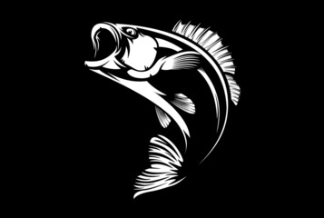 Fishing bass logo. Bass fish with rod club emblem. Fishing theme illustration. Fish Isolated on white.