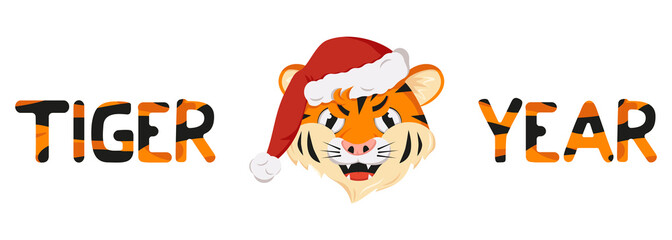 Angry tiger, symbol of New Year in red Christmas Santa hat. Wild animals of Africa, face with furious emotion, holiday decoration with orange striped lettering