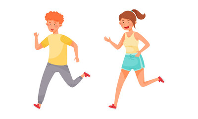 Young Man and Woman in Sportswear Running Marathon Vector Set