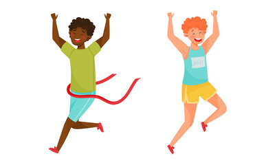 Young Man in Sportswear Running Marathon Vector Set