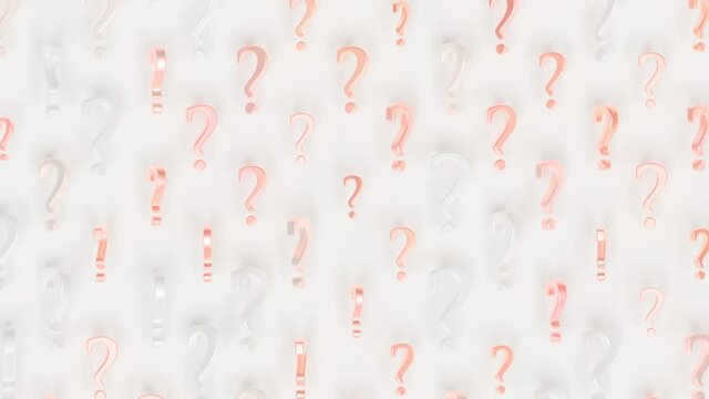 Mystery Question Marks Loop 1 Rose Gold x White. Animation of warm pink and white question marks rotating. Abstract choice. Decision concept. Interrogation. Game choice. Seamless loop. 
