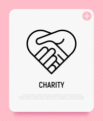 Handshake in heart thin line icon. Symbol of charity, togetherness, agreement and collaboration. Modern vector illustration.