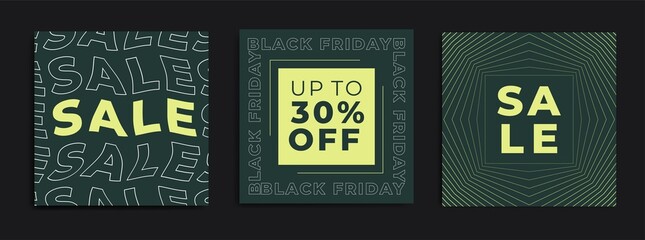 Naklejka premium Green Set of black Friday 2021 sale post social media pack template premium poster vector. Black Friday sale label template design for banner, idea, cover, booklet, print, flyer, card, poster, badge