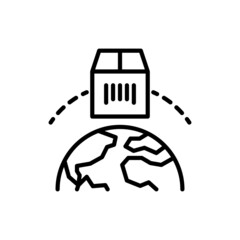 Cargo delivery thin line icon. Worldwide delivery. Package moving around the globe. Logo for logistics. Modern vector illustration.