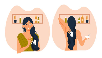 Mask to hair. Young girl points behind herself, cosmetics. Doing home spa procedure. Healthy lifestyle, care, beauty bloger, review. Cartoon flat vector illustration isolated on white background